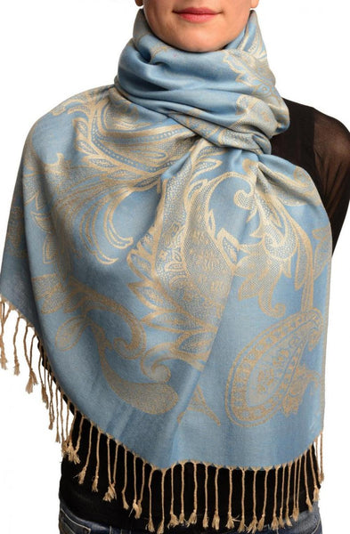 Large Paisleys On Light Blue Pashmina Feel With Tassels