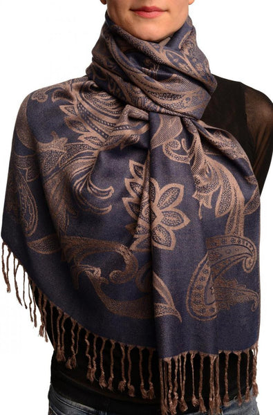 Large Paisleys On Midnight Blue Pashmina Feel With Tassels