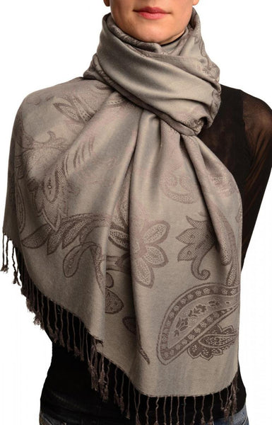 Large Paisleys On Grey Pashmina Feel With Tassels