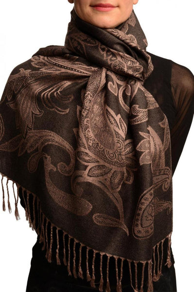 Large Paisleys On Brown Black Pashmina Feel With Tassels