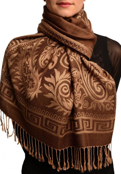 Meander & Paisleys On Brown Pashmina Feel With Tassels