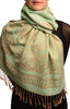 Meander & Paisleys On Moss Green Black Pashmina Feel With Tassels