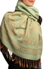 Meander & Paisleys On Moss Green Black Pashmina Feel With Tassels