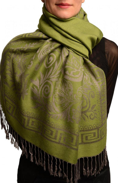 Meander & Paisleys On Olive Green Pashmina Feel With Tassels