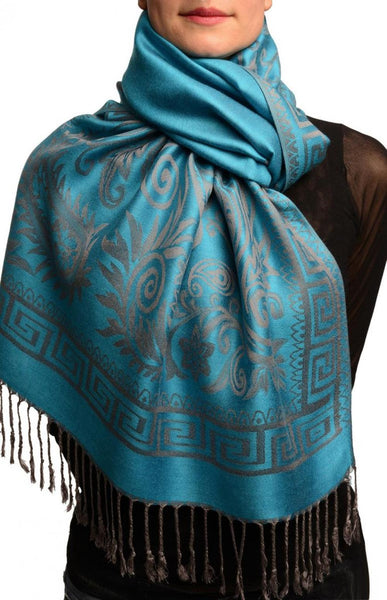 Meander & Paisleys On Cerulean Blue Pashmina Feel With Tassels