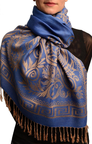 Meander & Paisleys On Blue Pashmina Feel With Tassels