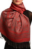 Meander & Paisleys On Dark Red Pashmina Feel With Tassels