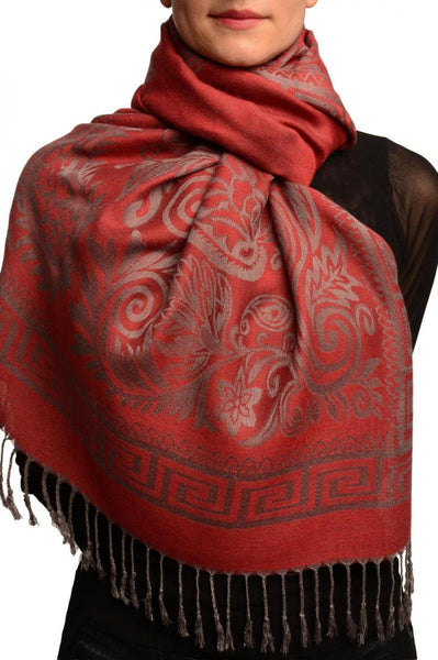 Meander & Paisleys On Dark Red Pashmina Feel With Tassels