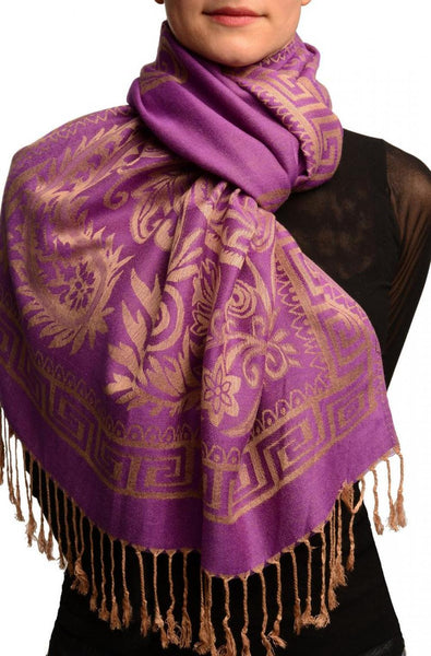 Meander & Paisleys On Purple Pashmina Feel With Tassels