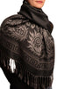 Meander & Paisleys On Black Pashmina Feel With Tassels