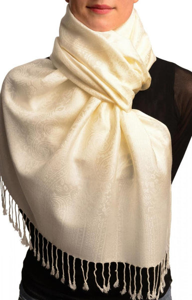 Cream Paisleys Pashmina Feel With Tassels