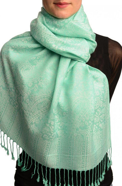 White & Green Paisleys Pashmina Feel With Tassels