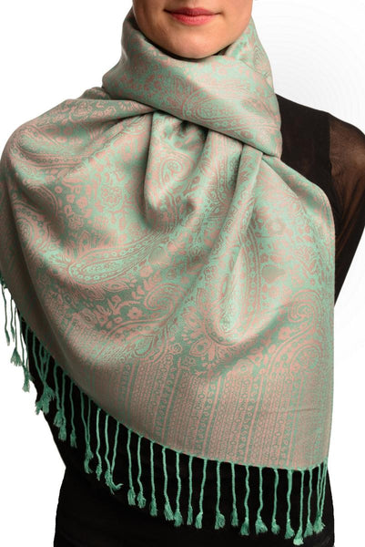 Pink & Green Paisleys Pashmina Feel With Tassels