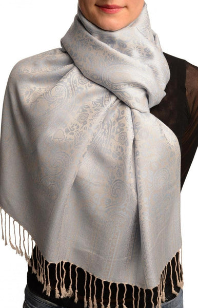 Grey & Blue Paisleys Pashmina Feel With Tassels