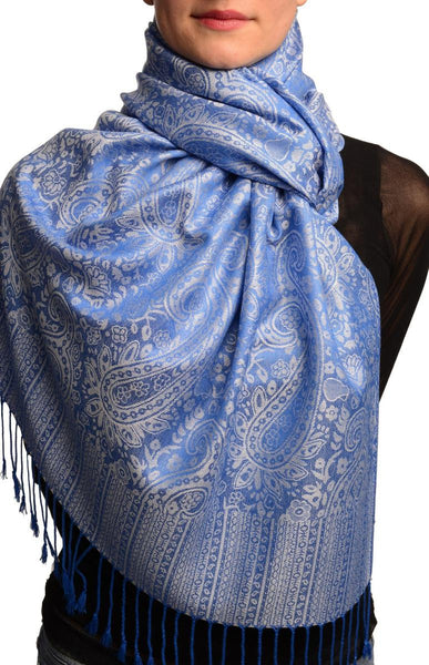 White & Bright Blue Paisleys Pashmina Feel With Tassels