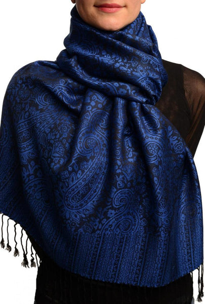 Medium Blue & Black Paisleys Pashmina Feel With Tassels