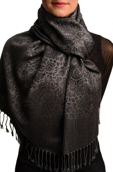 Grey & Black Paisleys Pashmina Feel With Tassels