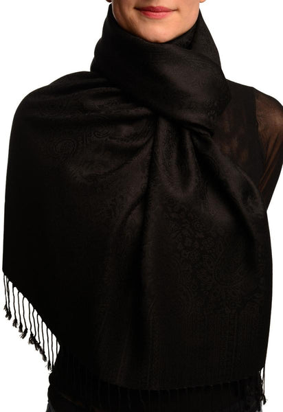 Black Paisleys Pashmina Feel With Tassels