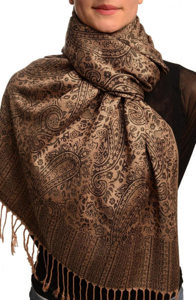 Mocha & Black Paisleys Pashmina Feel With Tassels