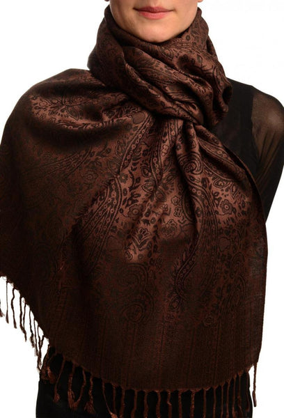 Chocolate Brown & Black Paisleys Pashmina Feel With Tassels