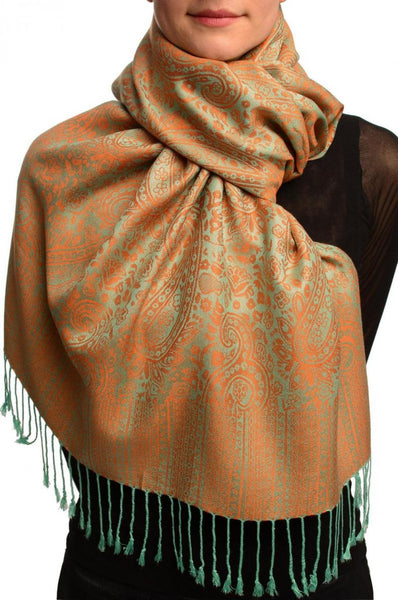 Moss Green & Orange Paisleys Pashmina Feel With Tassels