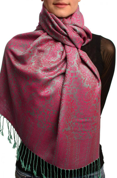 Moss Green & Fuchsia Paisleys Pashmina Feel With Tassels