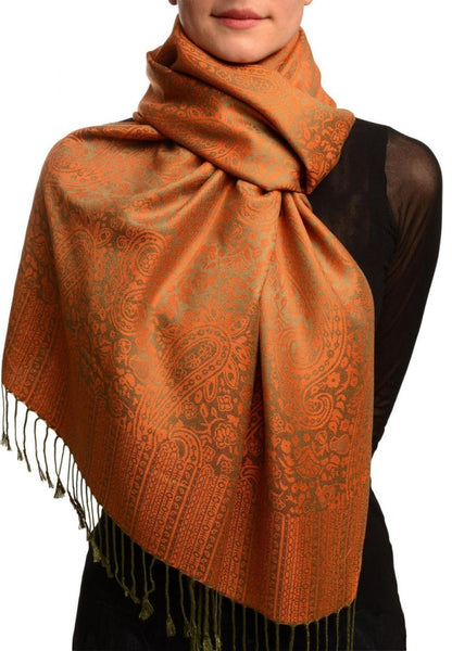 Khaki Green & Orange Paisleys Pashmina Feel With Tassels