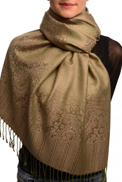 Khaki Green & Violet Paisleys Pashmina Feel With Tassels