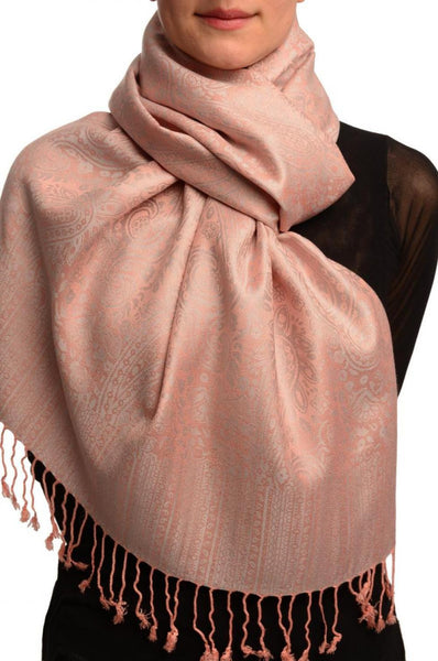 Puce Pink & Grey Paisleys Pashmina Feel With Tassels