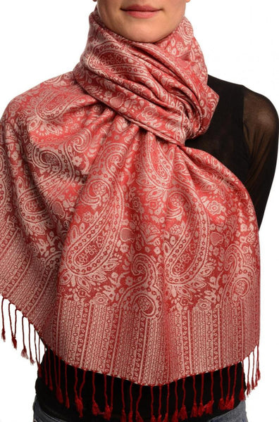 Dark Red & White Paisleys Pashmina Feel With Tassels