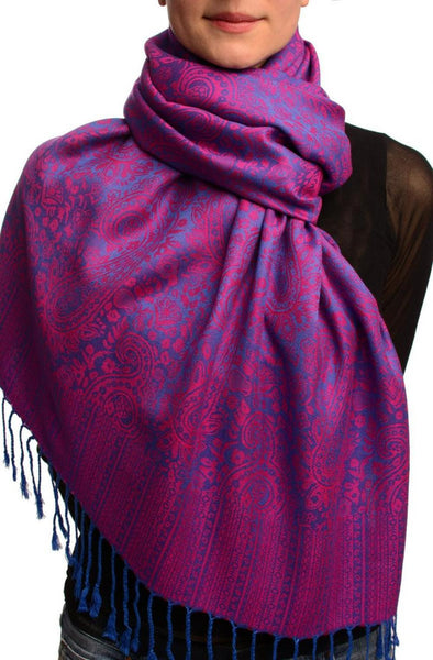 Fuchsia & Blue Paisleys Pashmina Feel With Tassels