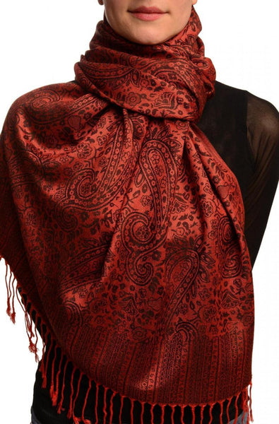 Dark Red & Black Paisleys Pashmina Feel With Tassels