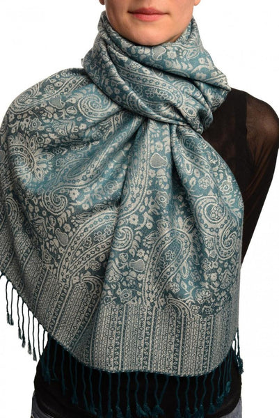 Prussian Blue & Grey Paisleys Pashmina Feel With Tassels