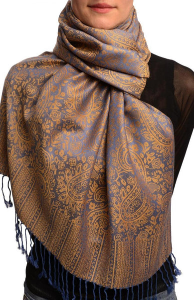 Blue & Beige Paisleys Pashmina Feel With Tassels