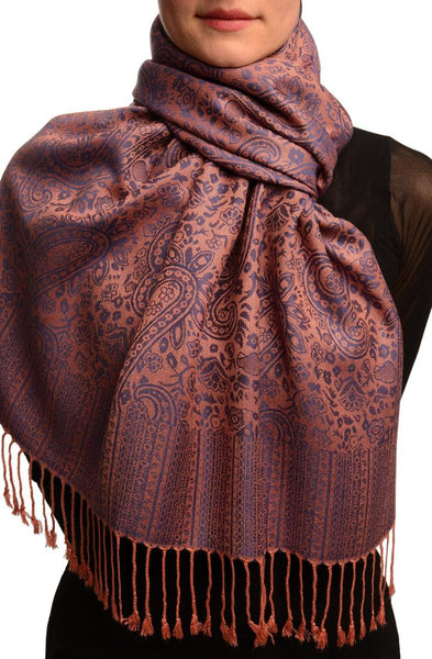 Puce Pink & Blue Paisleys Pashmina Feel With Tassels