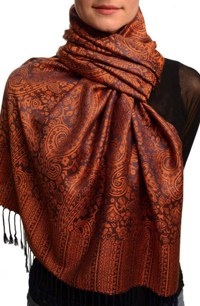 Orange & Dark Blue Paisleys Pashmina Feel With Tassels