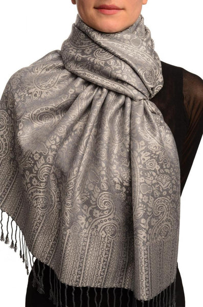 Grey & Slate Grey Paisleys Pashmina Feel With Tassels