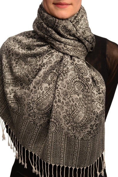 White & Black Paisleys Pashmina Feel With Tassels