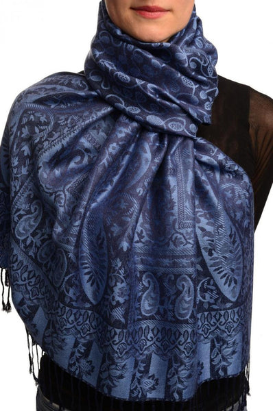 Dots On Blue & Dark Blue Pashmina Feel With Tassels