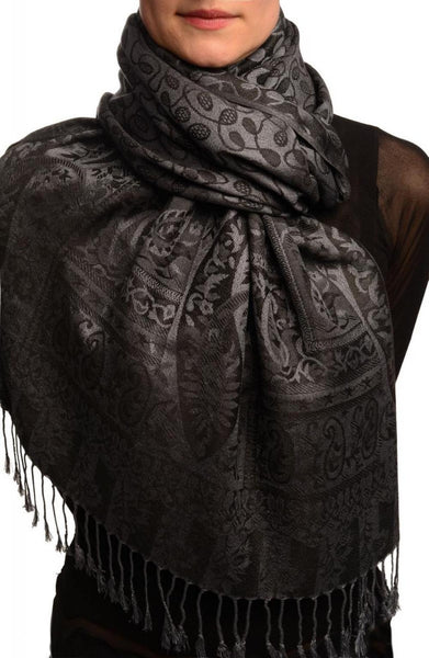 Dots On Dark Grey & Black Pashmina Feel With Tassels