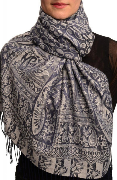 Dots On Grey & Dark Blue Pashmina Feel With Tassels