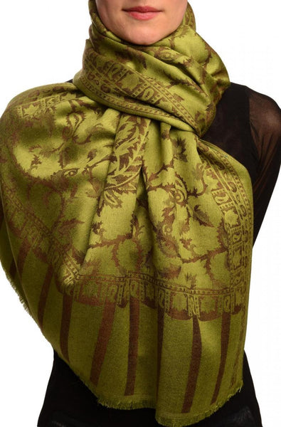 Brown Large Paisley On Olive Green Pashmina Feel