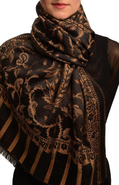 Brown Large Paisley On Black Pashmina Feel