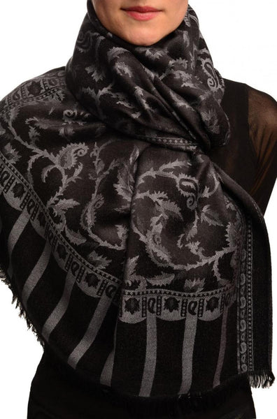 Grey Large Paisley On Black Pashmina Feel