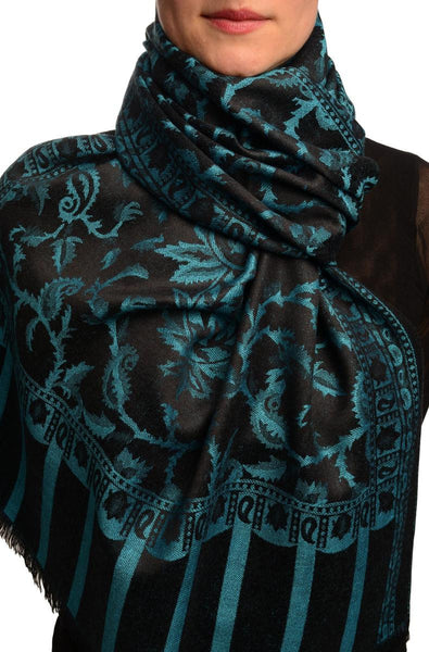 Teal Blue Large Paisley On Black Pashmina Feel