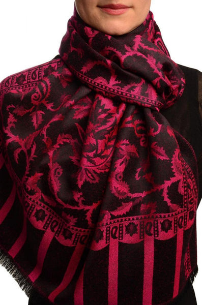 Fuchsia Pink Large Paisley On Black Pashmina Feel