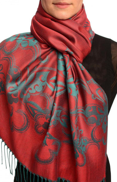 Butterflies On Burgundy Red Pashmina Feel With Tassels