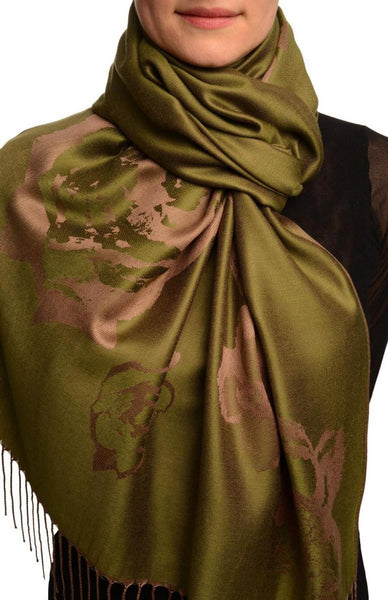 Roses On Olive Green Pashmina Feel With Tassels