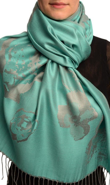 Roses On Teal Blue Pashmina Feel With Tassels
