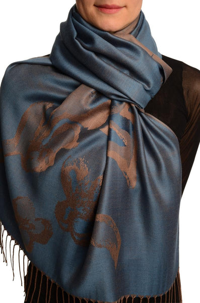 Roses On Steel Blue Pashmina Feel With Tassels